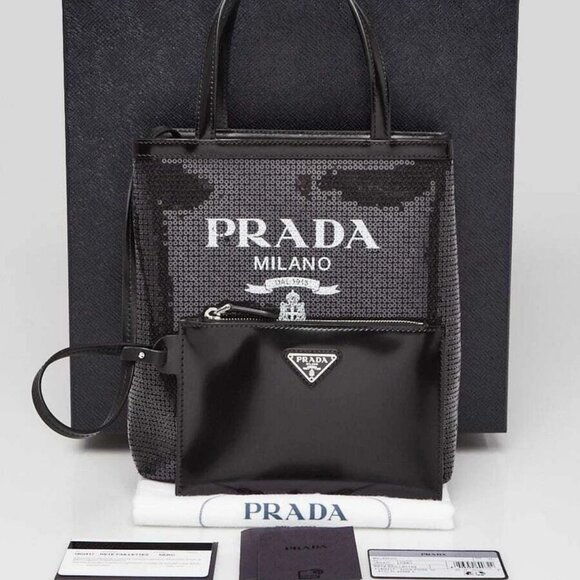 Prada Black Sequin Mesh and Leather Small Tote Bag 1BG417 - Picture 10 of 11